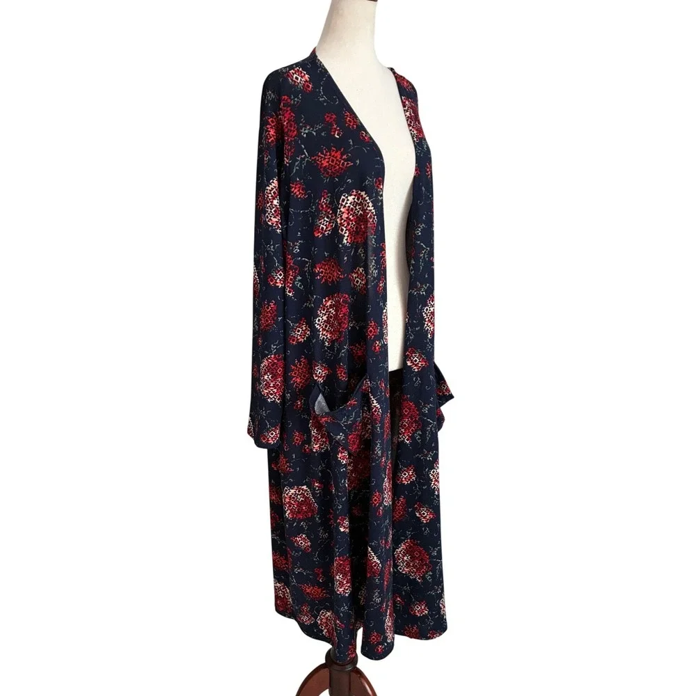 LuLaRoe Joy Duster Vest Womens XL Navy Blue Red Geometric Floral Longline Pocket